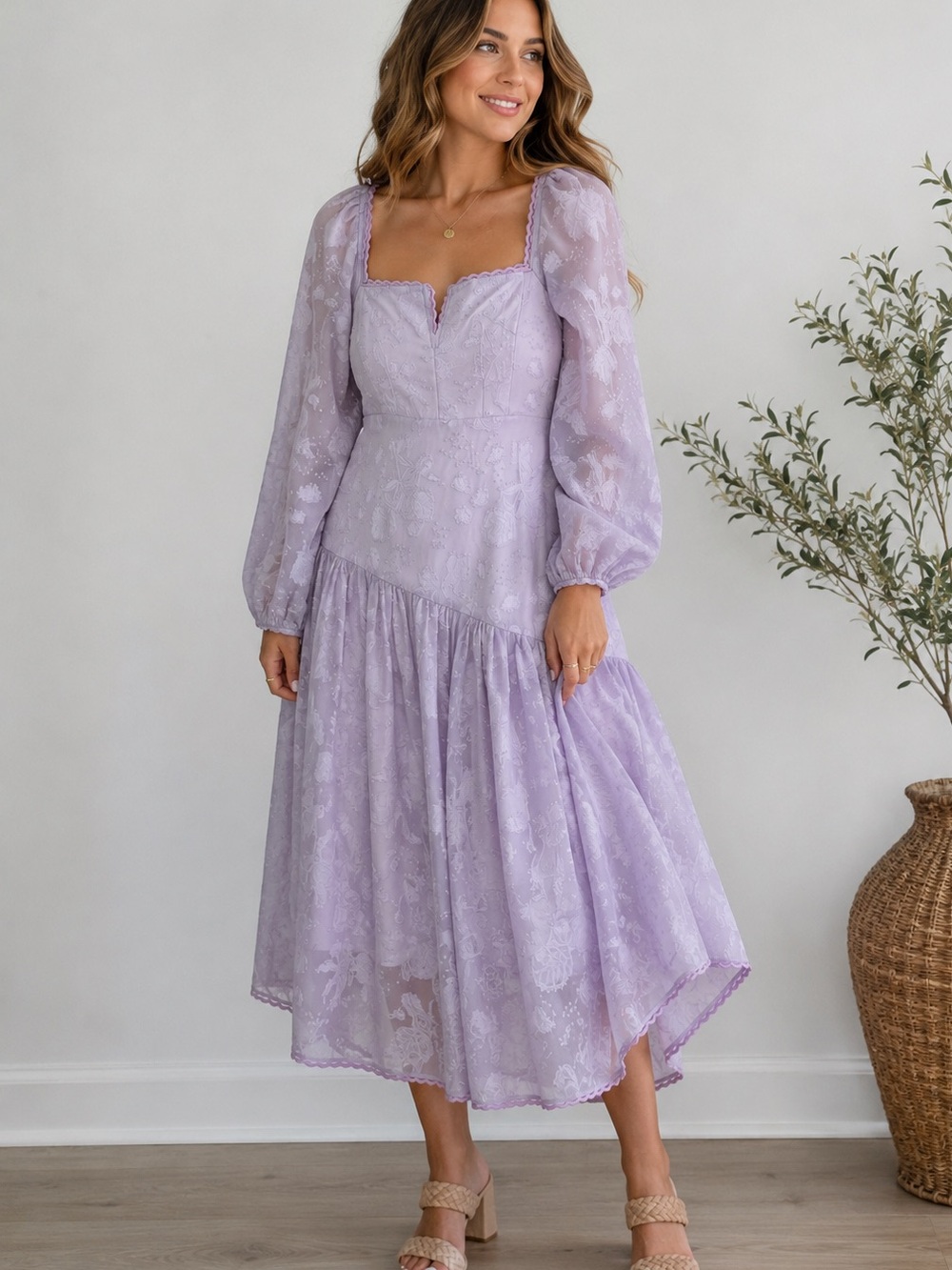 Devon Lavender Floral Jacquard Midi Dress Romantic Cottagecore Puff Sleeve